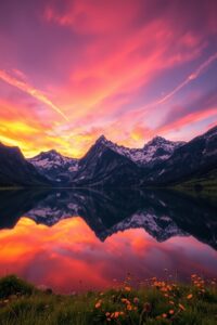 Serene Mountain Landscape at Sunset – free AI stock image