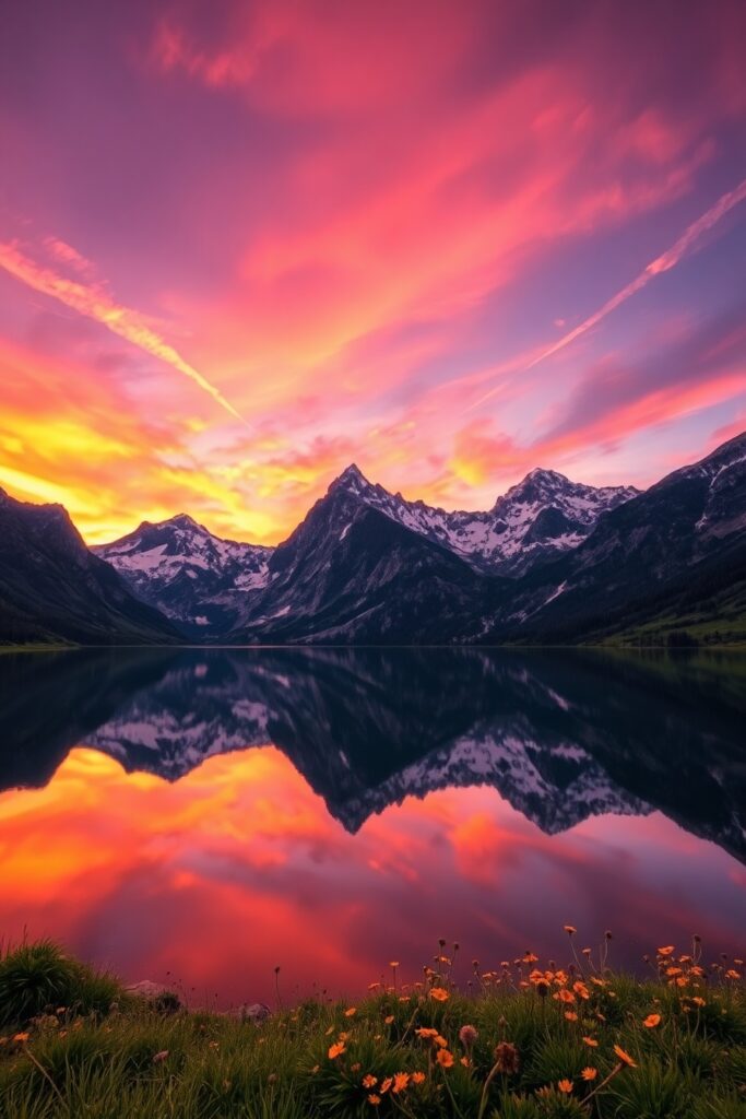 Serene Mountain Landscape at Sunset – free AI stock image