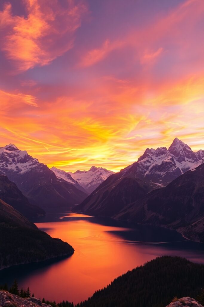 Serene Mountain Landscape at Sunset – free AI stock image