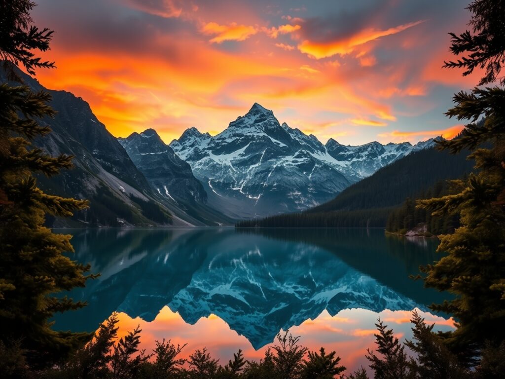 Serene Mountain Landscape at Sunset – free AI stock image