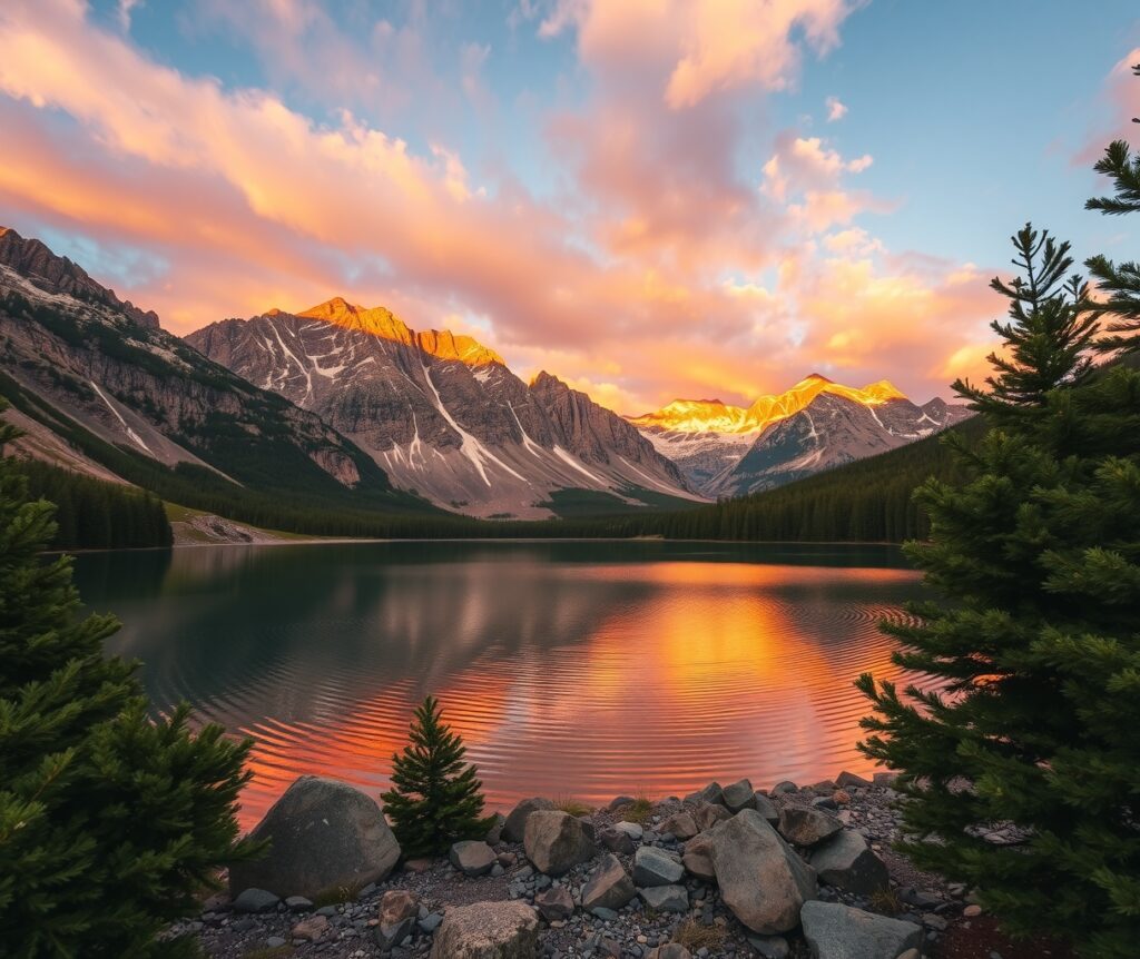 Serene Mountain Landscape at Sunset – free AI stock image