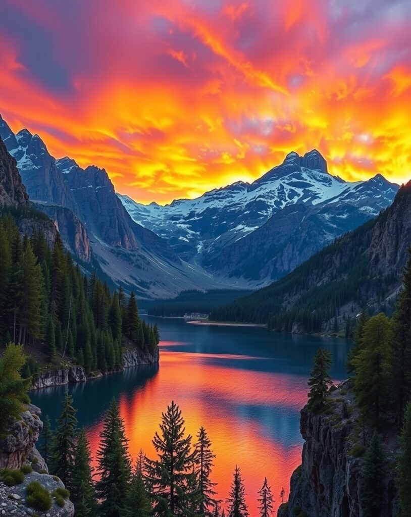 Serene Mountain Landscape at Sunset – free AI stock image