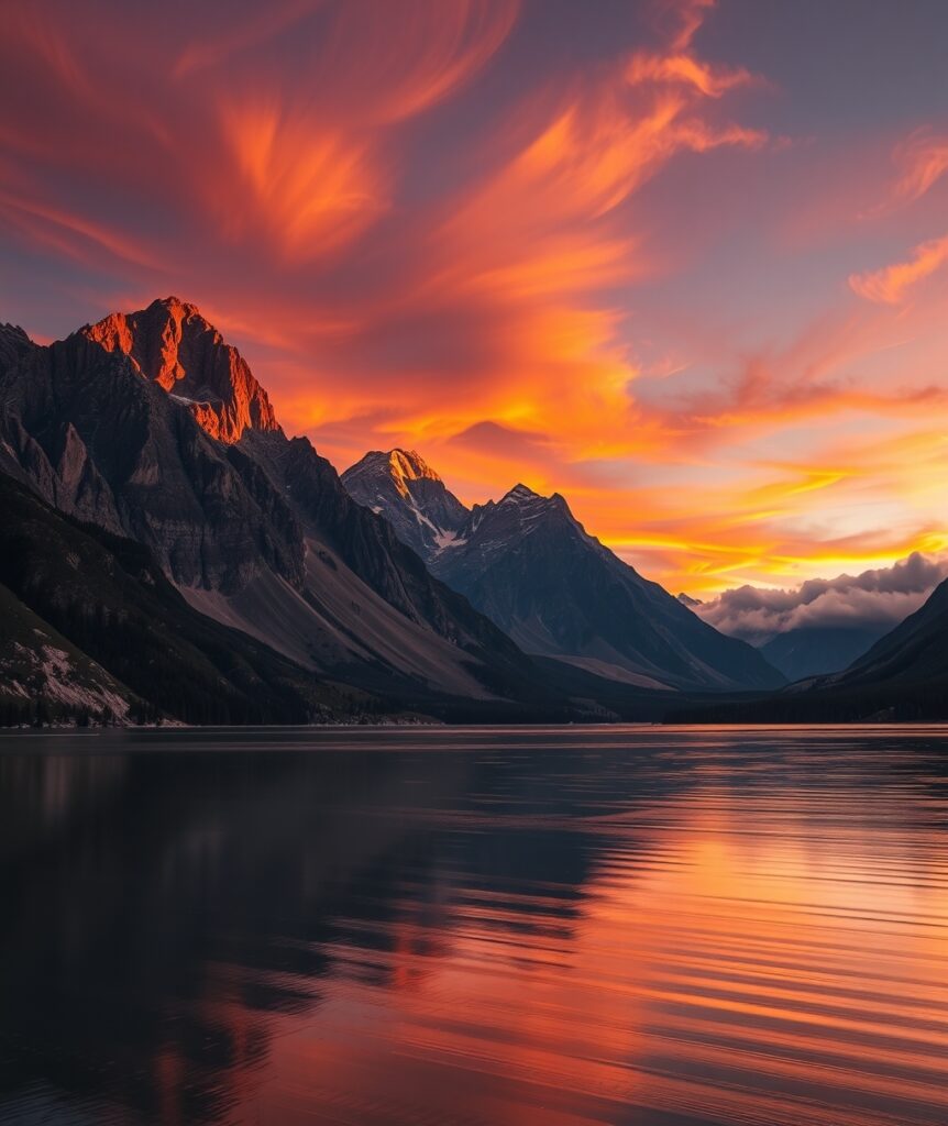Serene Mountain Landscape at Sunset – free AI stock image