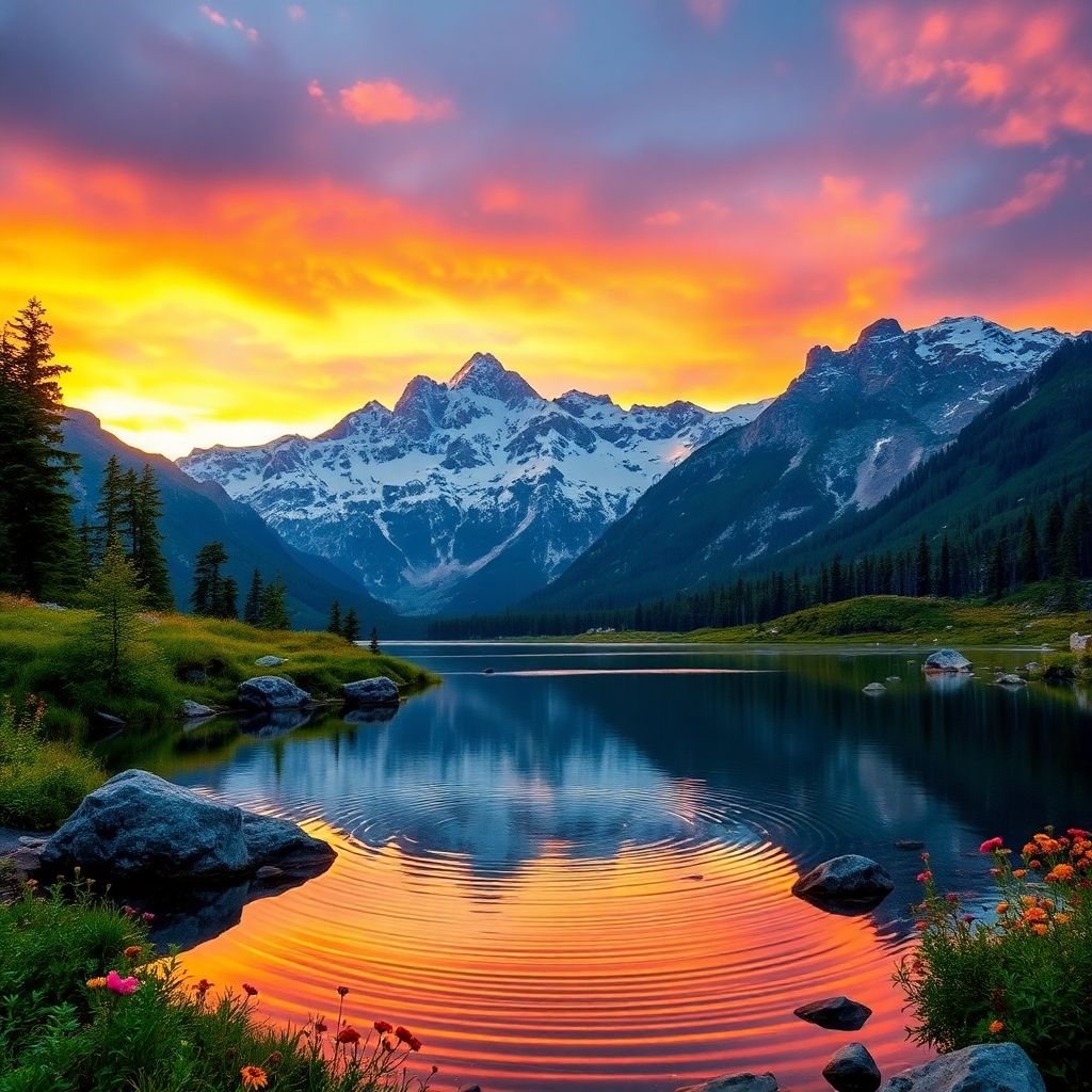 Serene Mountain Landscape at Sunset – free AI stock image