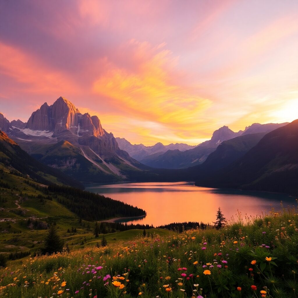 Serene Mountain Landscape at Sunset – free AI stock image