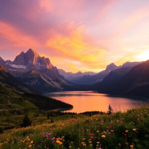 Serene Mountain Landscape at Sunset – free AI stock image