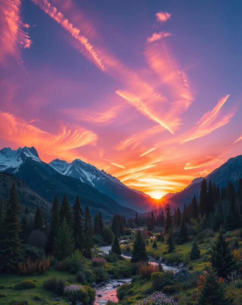 Serene Mountain Landscape at Sunset – free AI stock image