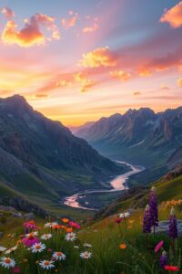 Serene Mountain Landscape at Sunset – free AI stock image