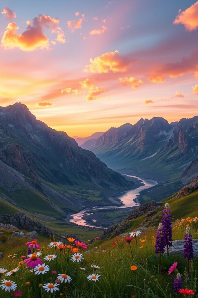 Serene Mountain Landscape at Sunset – free AI stock image