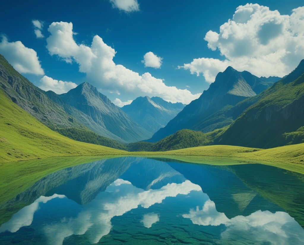 Serene Mountain Landscape with Clear Lake – free AI stock image