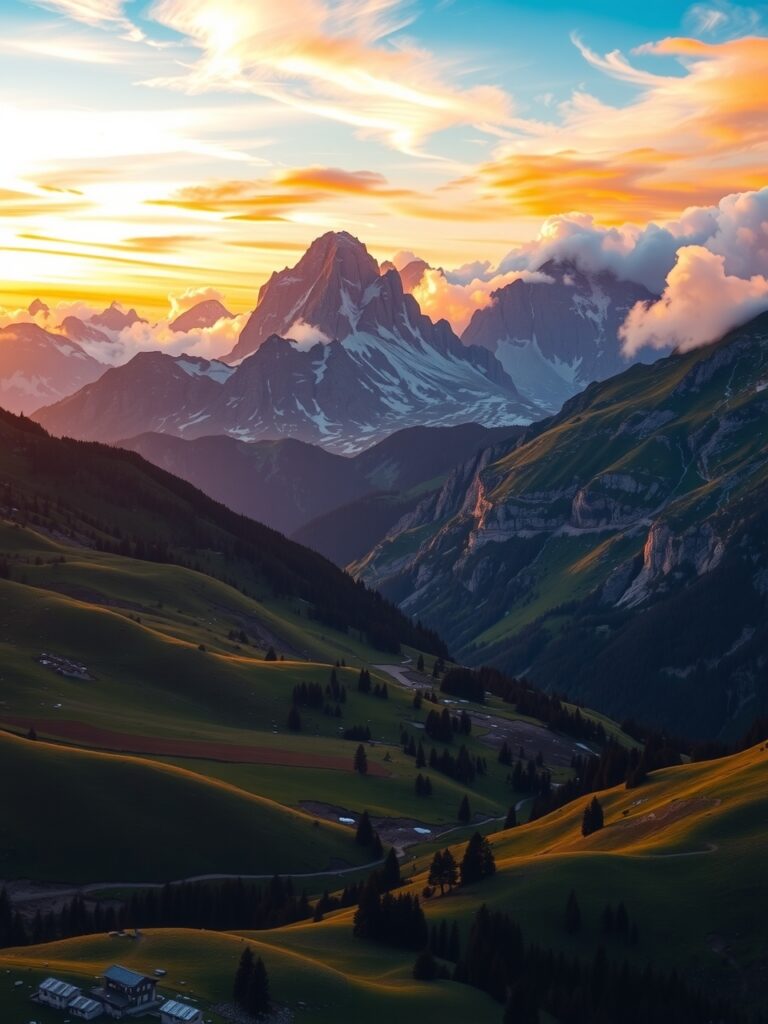 Serene Mountain Landscape with Colorful Sky – free AI stock image
