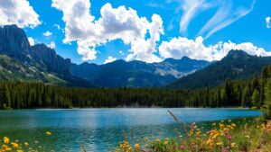 Serene Mountain Landscape with Lush Green Forest and Crystal Clear Lake Image – free AI stock image