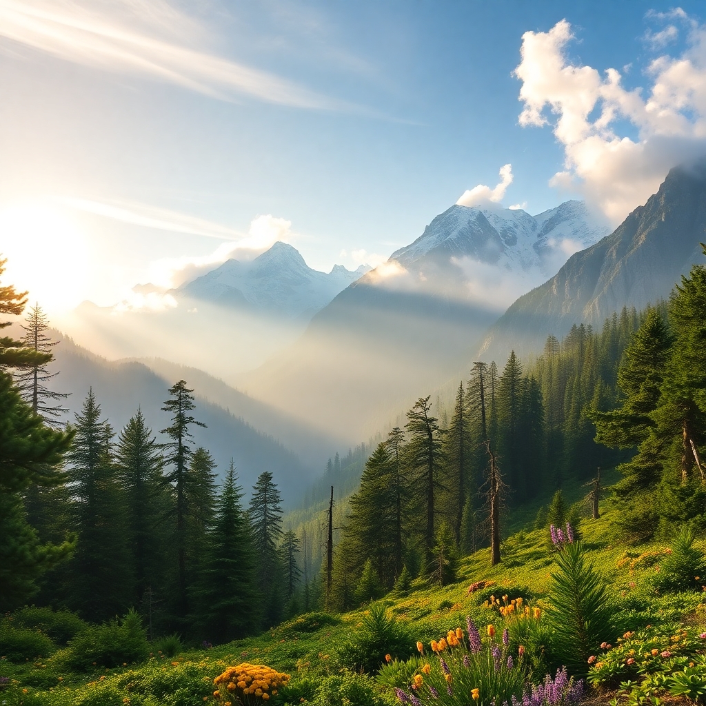 Serene Mountain Landscape with Misty Background – free AI stock image