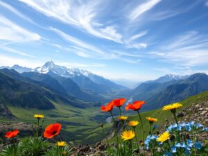 Serene Mountain Landscape with Soft Clouds – free AI stock image