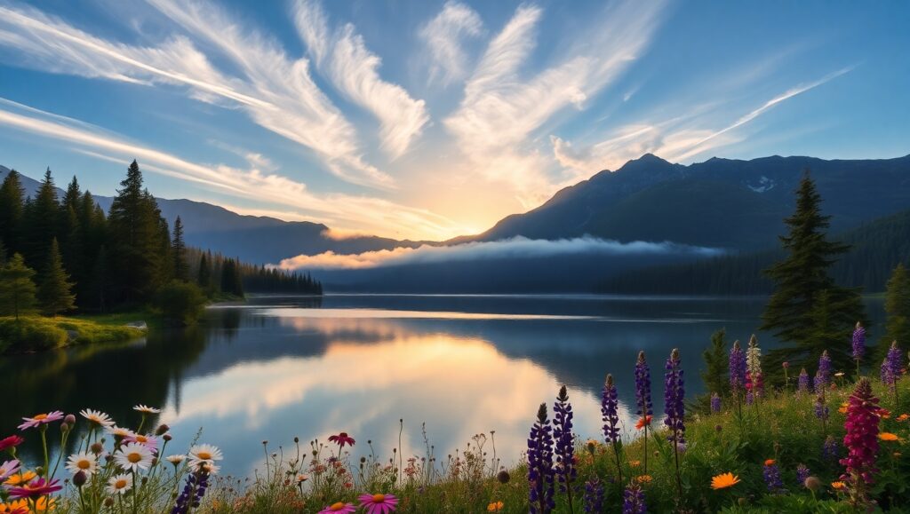 Serene Mountain Reflection at Sunrise – free AI stock image