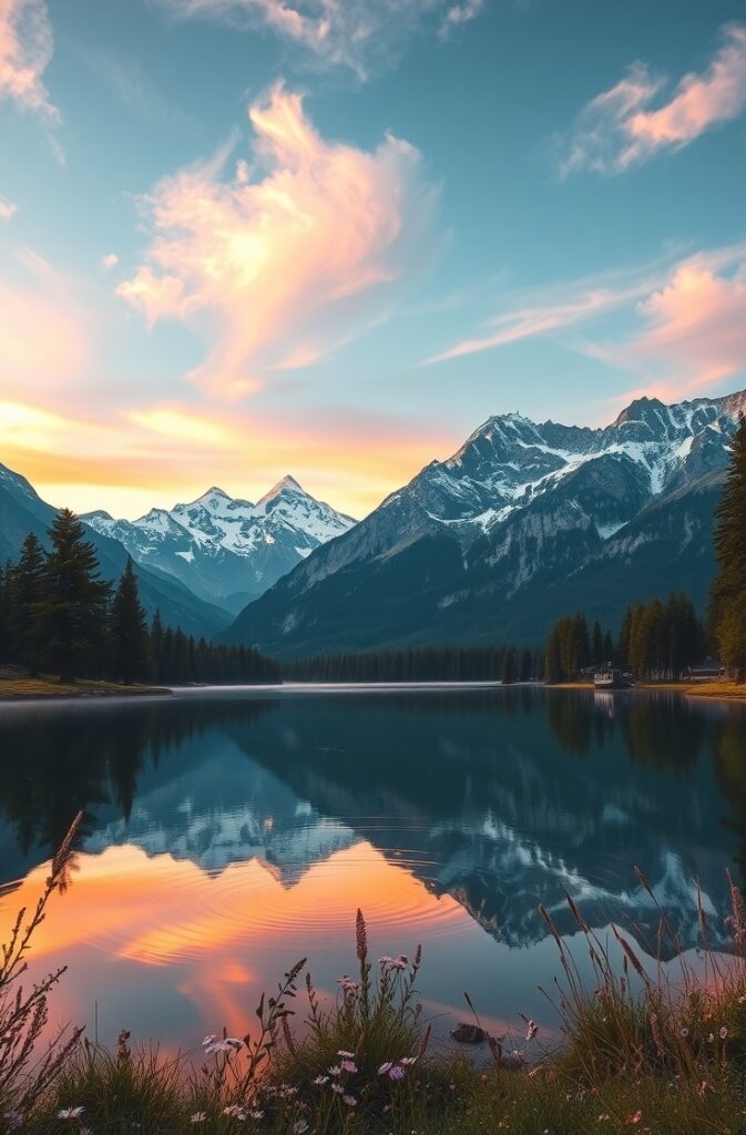 Serene Mountain Sunrise Over Tranquil Lake – free AI stock image