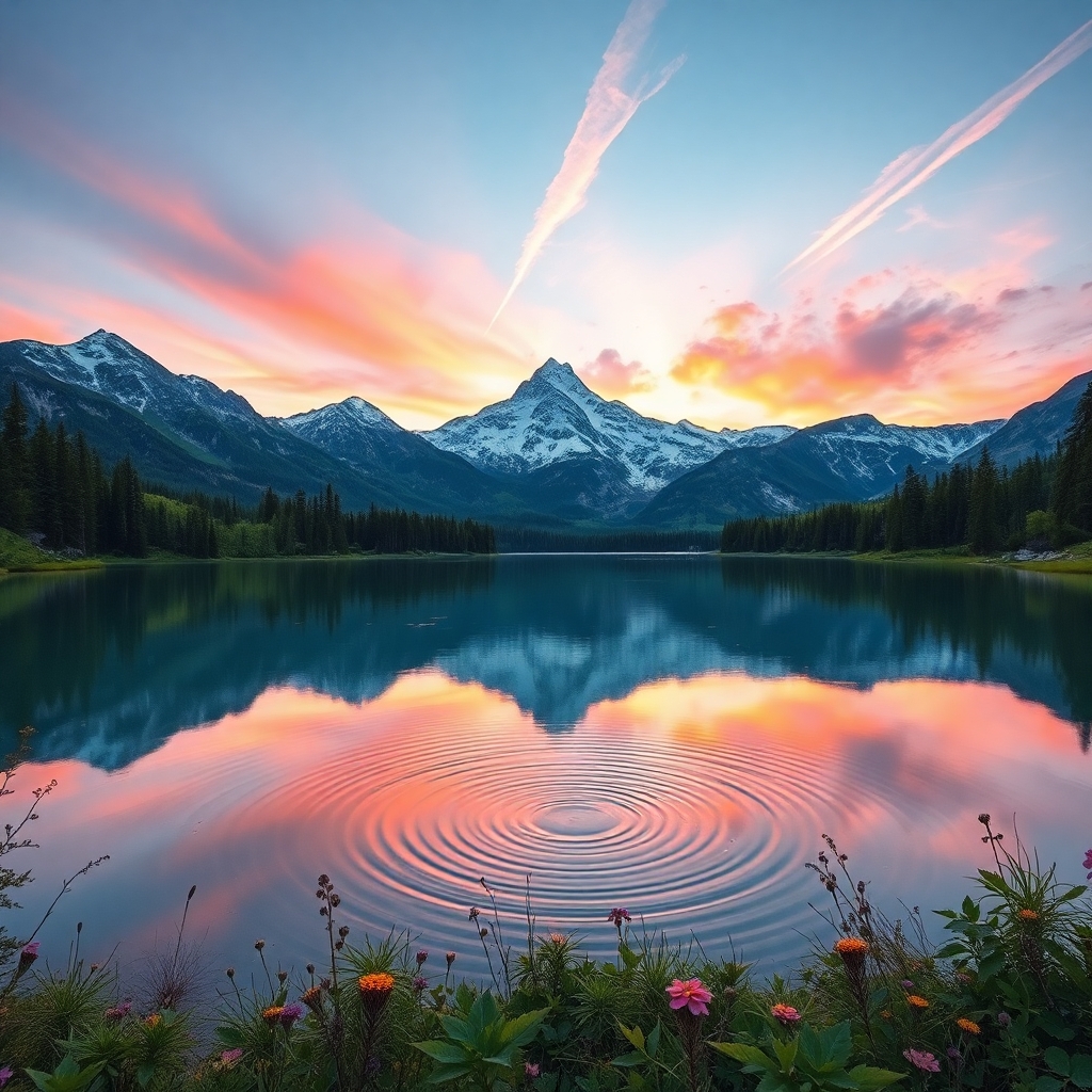 A Serene Mountain Sunset Over Calm Waters – free AI stock image