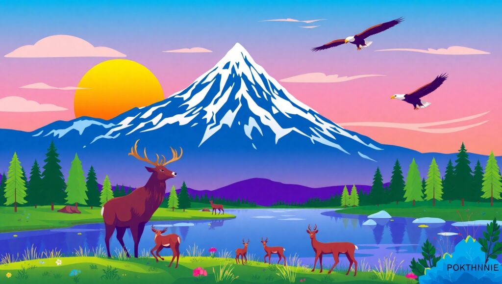 Serene Mountain Sunset Illustration – free AI stock image