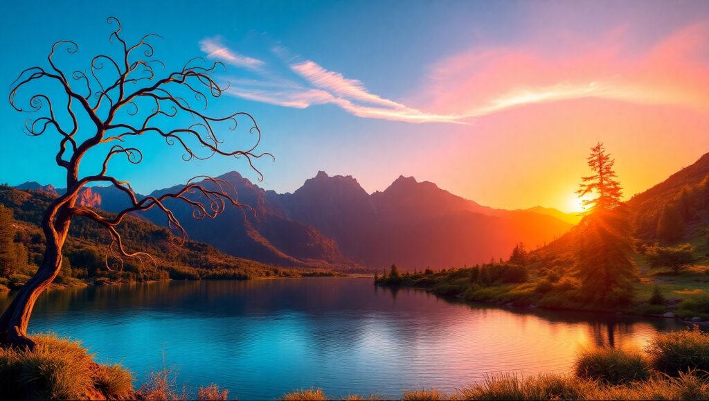 Serene Mountain Sunset in Flat Design – free AI stock image