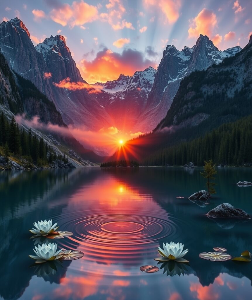 Serene Mountain Sunset Over a Calm Lake – free AI stock image