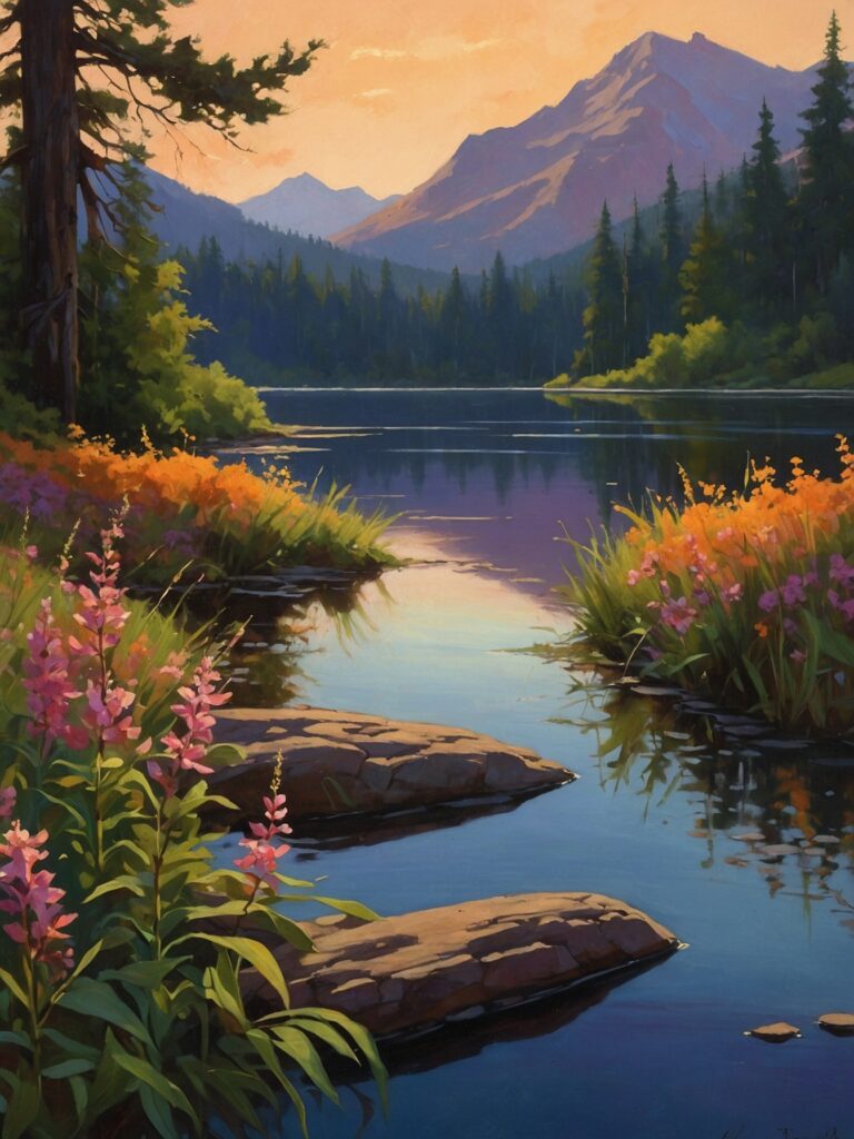 Serene Mountain Sunset Over Calm Lake – free AI stock image