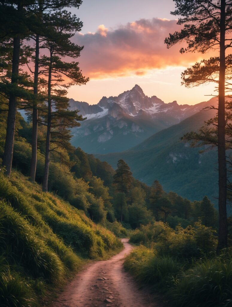 Serene Mountain Trail at Sunrise – free AI stock image