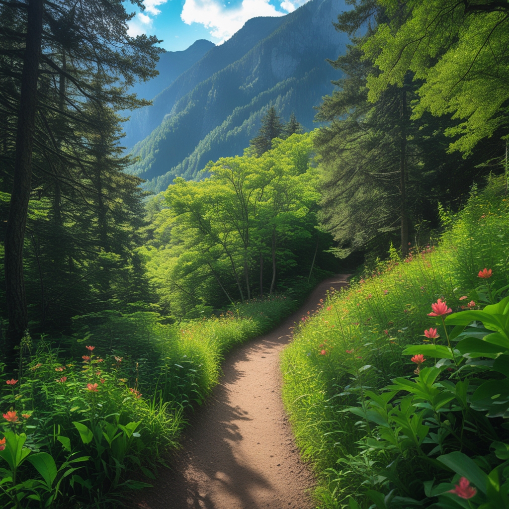 Serene Mountain Trail with Lush Greenery – free AI stock image