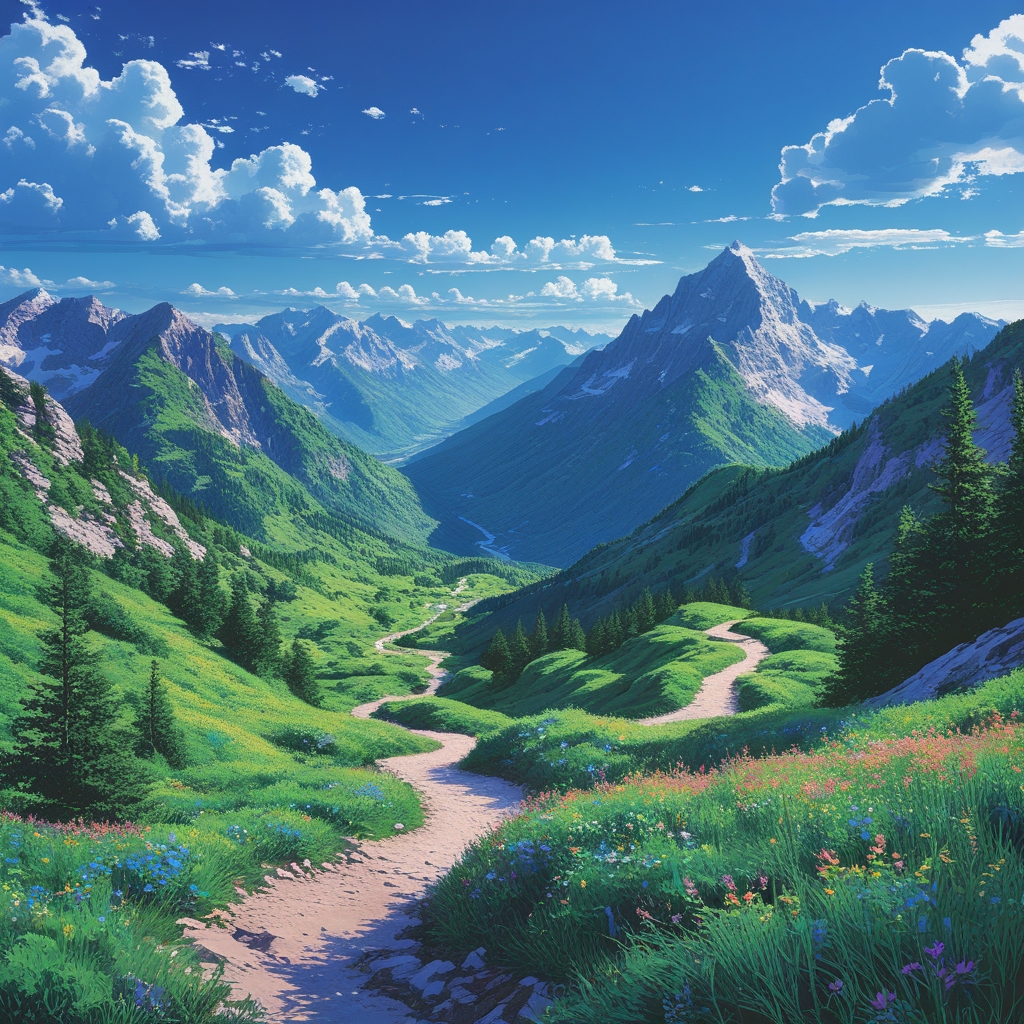 Serene Mountain Trails Under Clear – free AI stock image