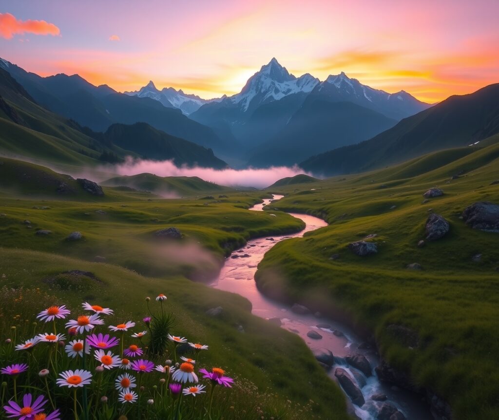 Serene Mountain Valley at Sunrise – free AI stock image