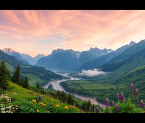 Serene Mountain Valley at Sunrise – free AI stock image