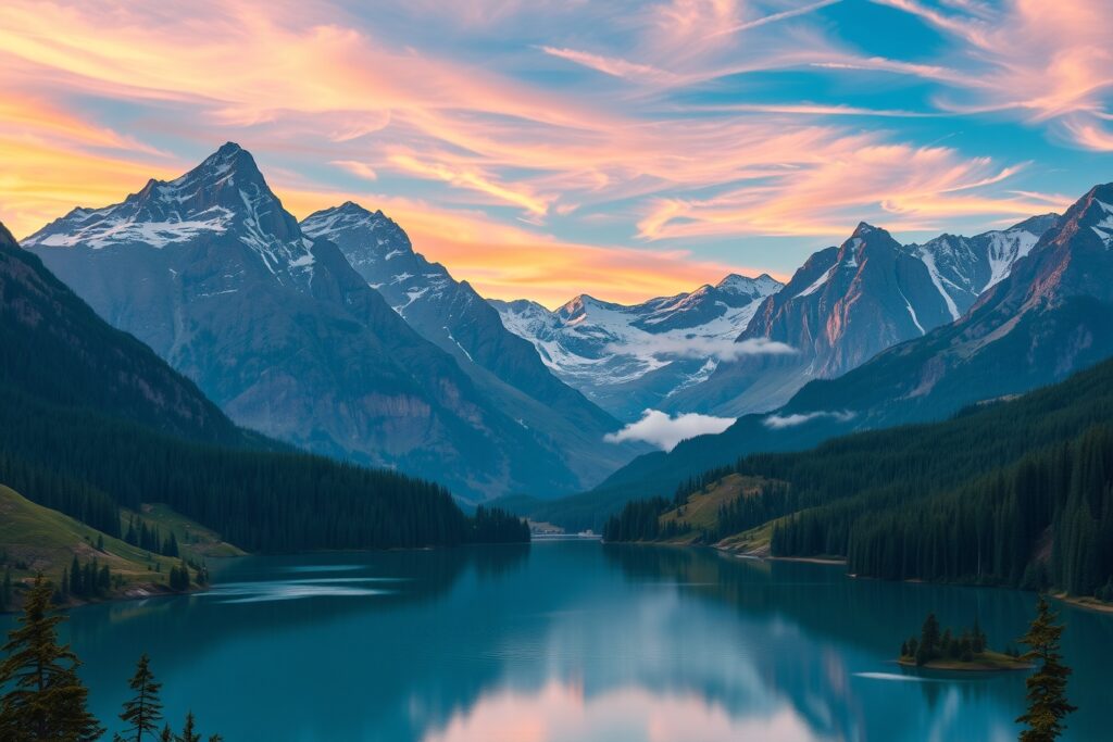 Serene Mountains Under a Vibrant Sunrise – free AI stock image