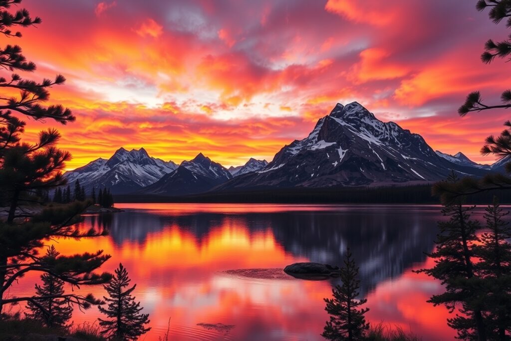 Serene Mountains Under a Vibrant Sunset – free AI stock image