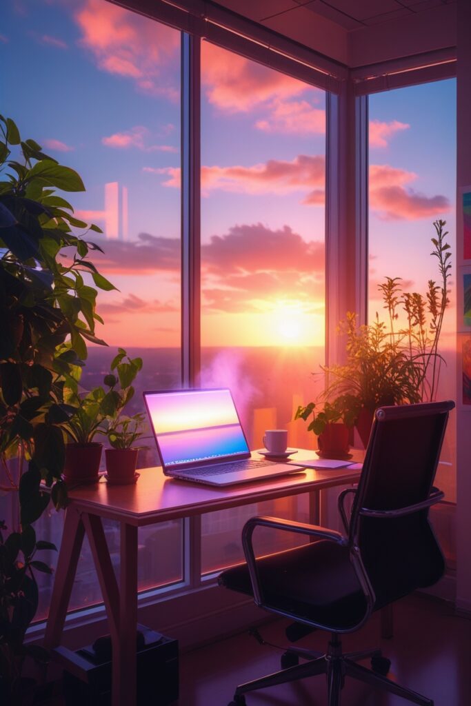 Serene Office Workspace at Sunset – free AI stock image