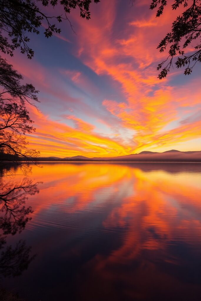 Serene Reflection of Sunset on Lake – free AI stock image