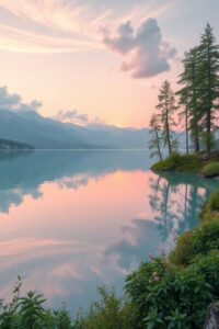 Serene Reflection on a Tranquil Lake – free AI stock image