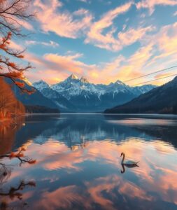 Serene Reflection on a Tranquil Lake – free AI stock image