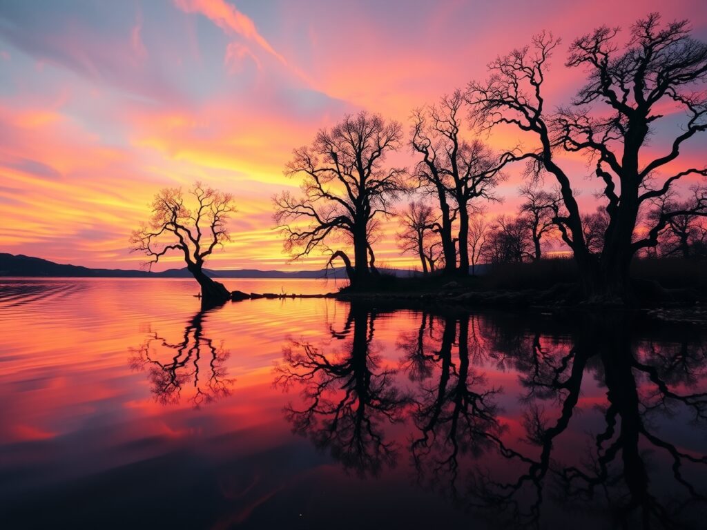 Serene Reflection Over a Calm Lake – free AI stock image