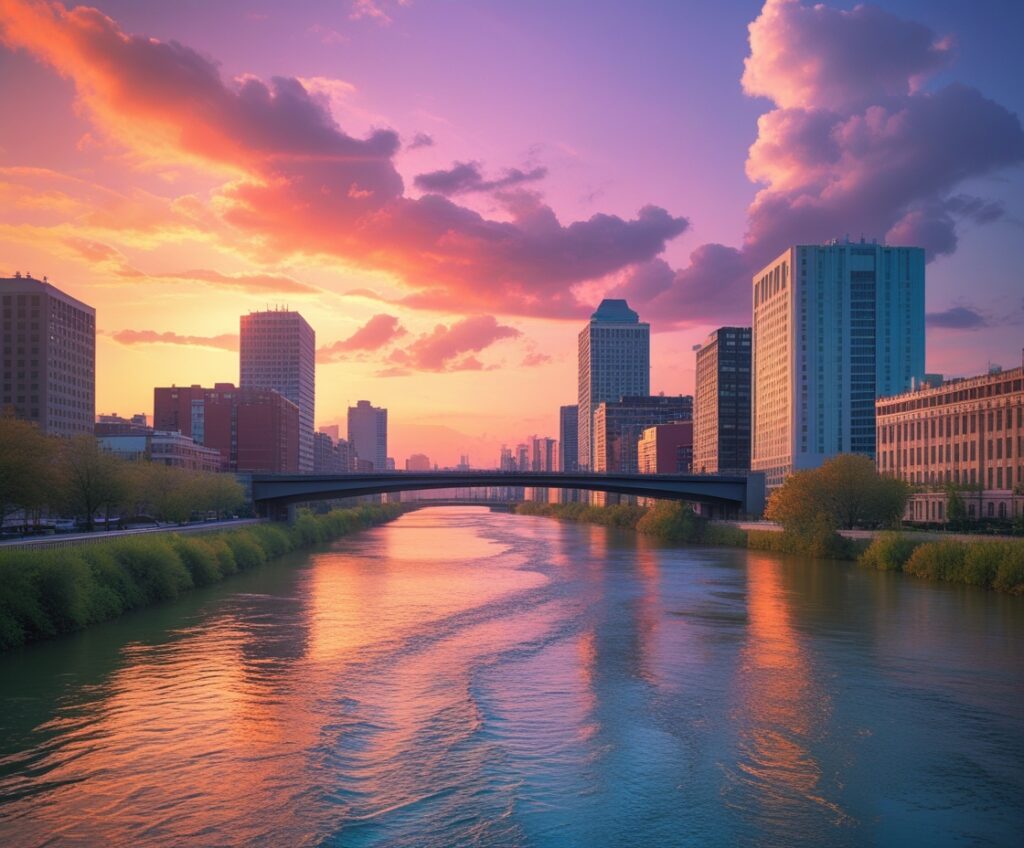Serene River Flowing Through Urban Landscape – free AI stock image