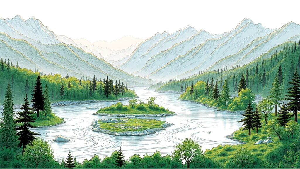 Serene River Landscape Sketch – free AI stock image