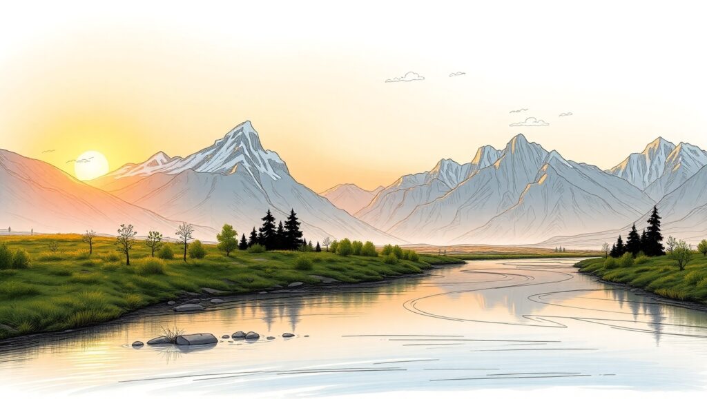 Serene River Landscape Sketch – free AI stock image