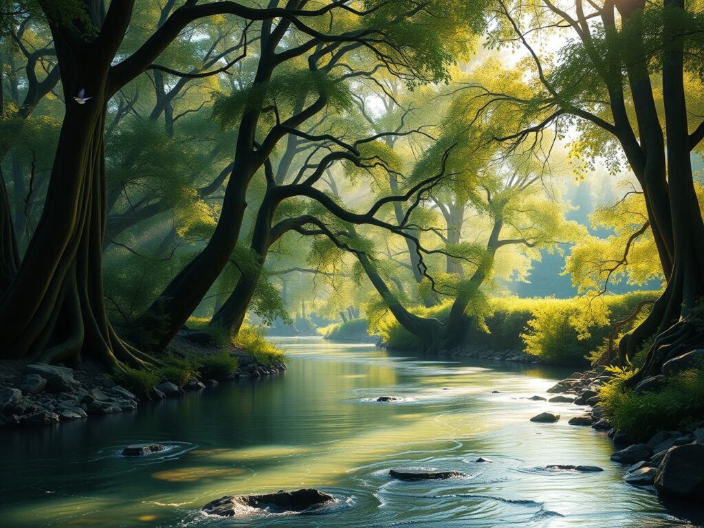 Serene River Winding Through Lush Forest – free AI stock image