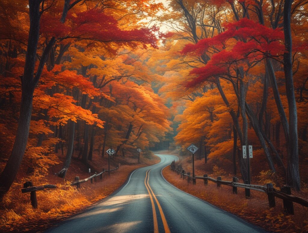 Serene Road Trip Through Autumn Forests – free AI stock image