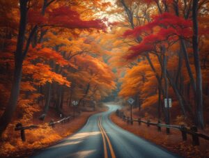 Serene Road Trip Through Autumn Forests – free AI stock image