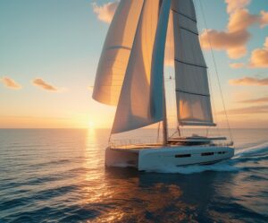 Serene Sailing Yacht at Sunrise – free AI stock image
