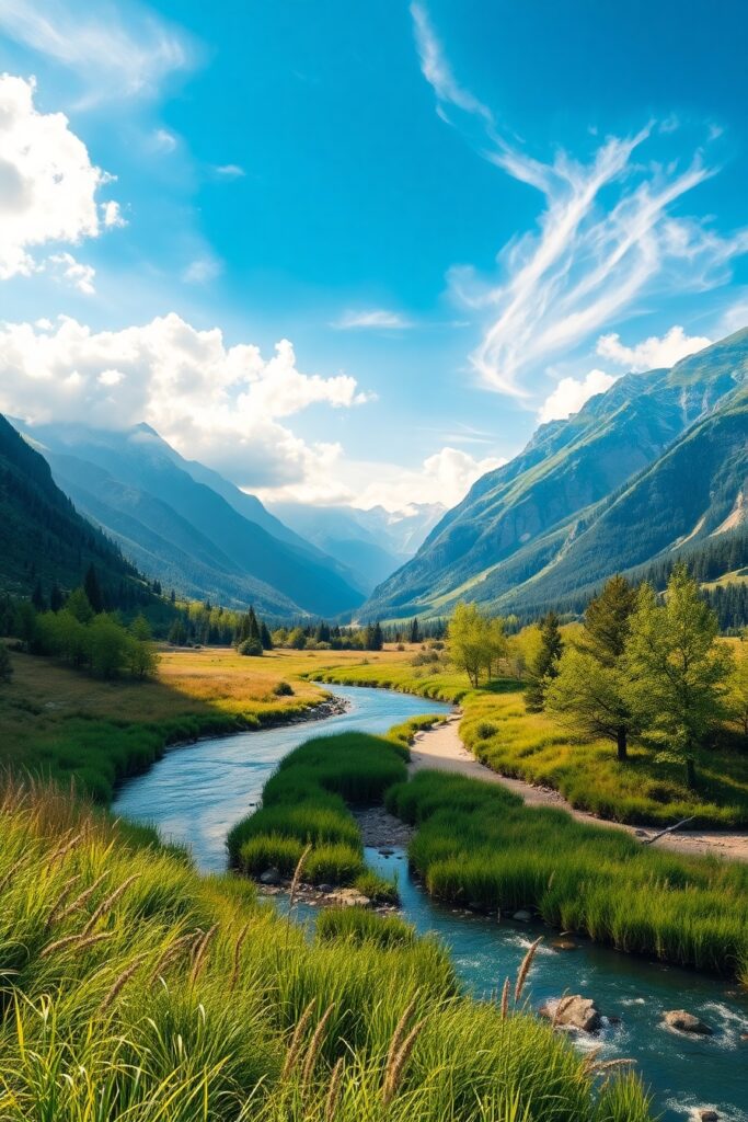 Serene Sunlit Valley with Flowing River – free AI stock image