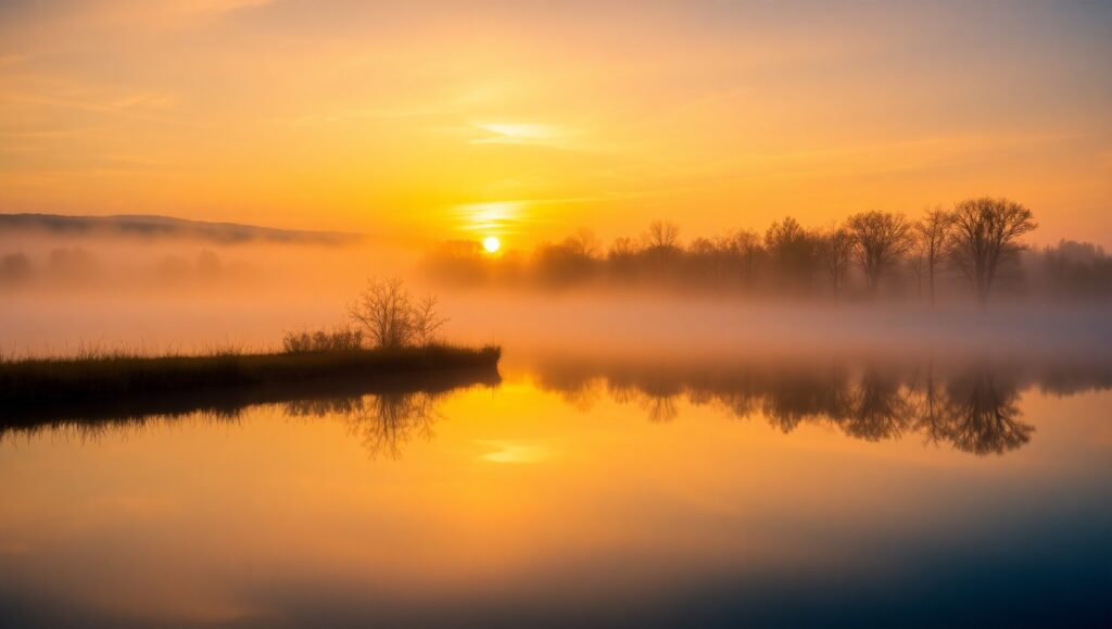 Serene Sunrise at the Lakeside – free AI stock image