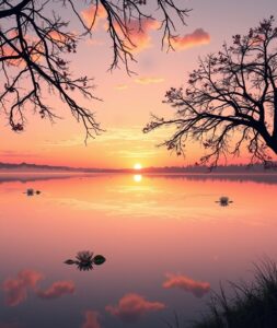 Serene Sunrise by the Lakeside – free AI stock image