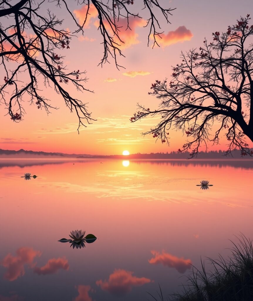 Serene Sunrise by the Lakeside – free AI stock image