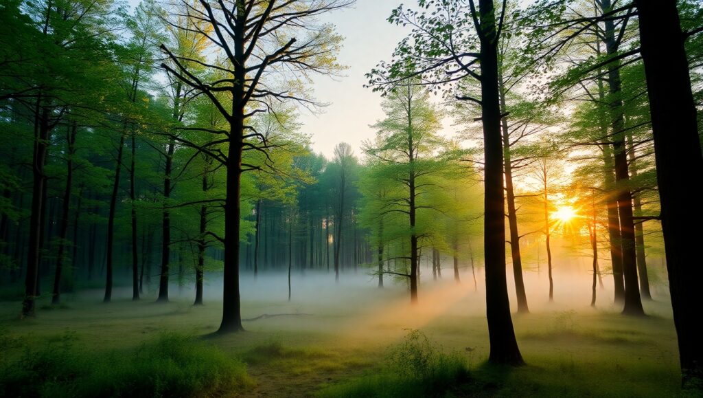 Serene Sunrise in a Misty Forest – free AI stock image