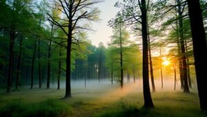 Serene Sunrise in a Misty Forest – free AI stock image